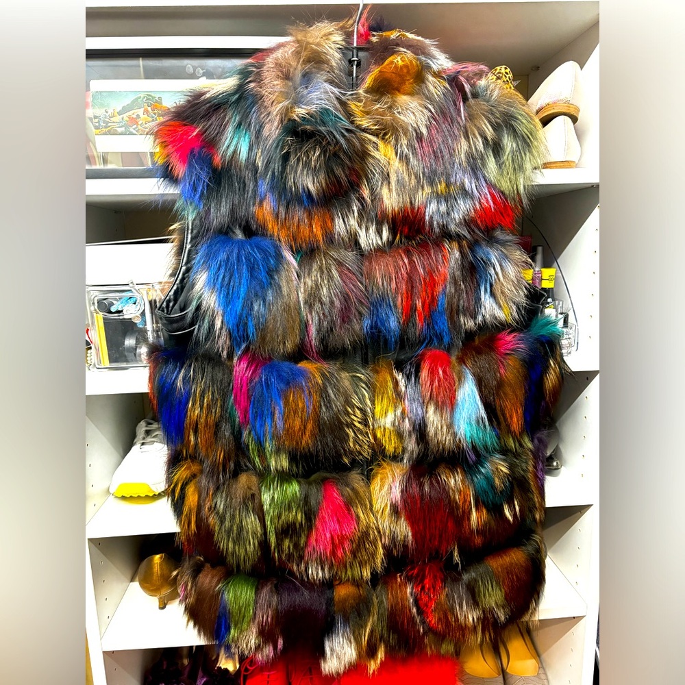 Dyed Multicolor Silver Fox Fur and Leather Vest